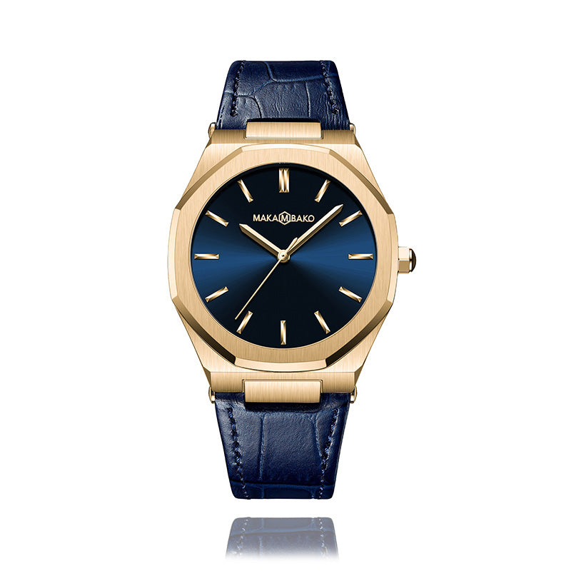 Reloj Makambako de cuero azul con dorado para hombre - Jherr Jewelry Perú