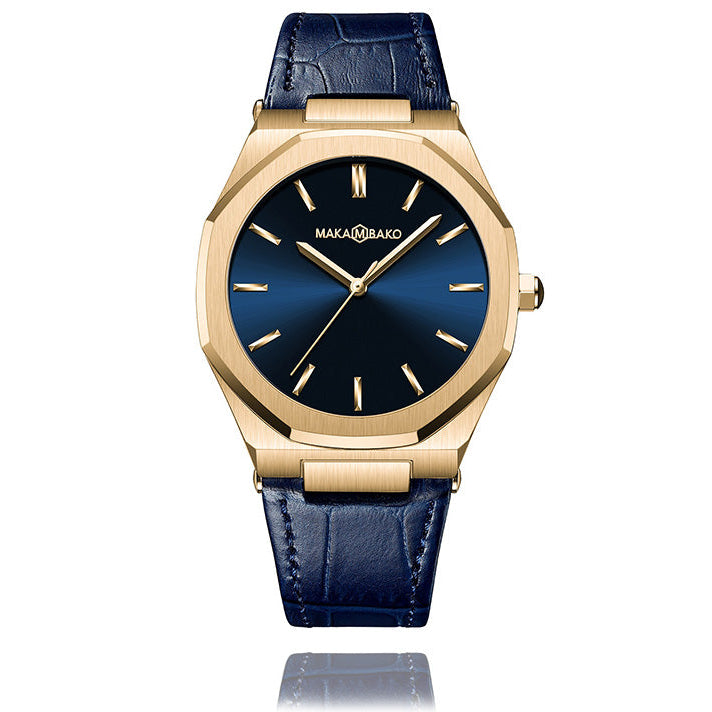 Reloj Makambako de cuero azul con dorado para hombre - Jherr Jewelry Perú