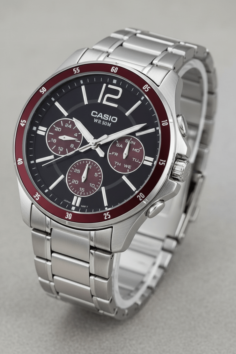 RELOJ CASIO MTP - 1374D - 5AV | Acero Hombre Plateado Dial Rojo elegante Caracteristicas_Analogico en Perú