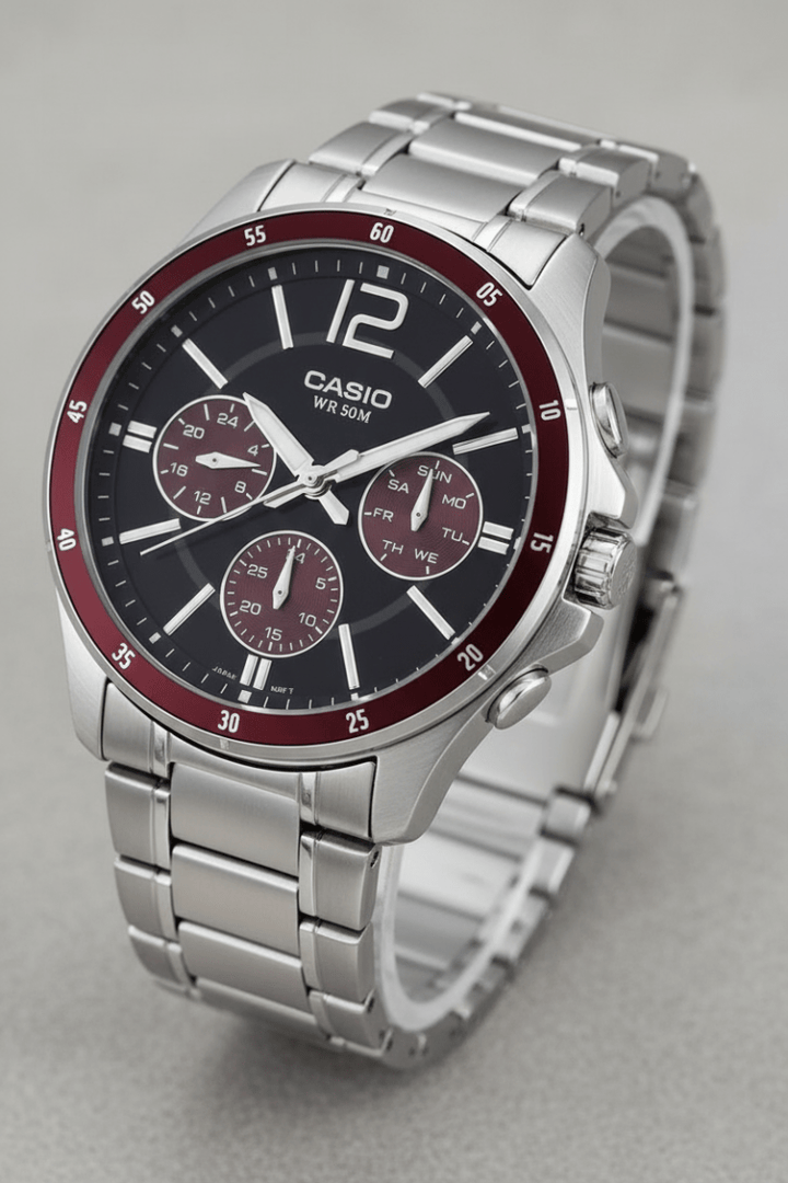 RELOJ CASIO MTP - 1374D - 5AV | Acero Hombre Plateado Dial Rojo elegante Caracteristicas_Analogico en Perú