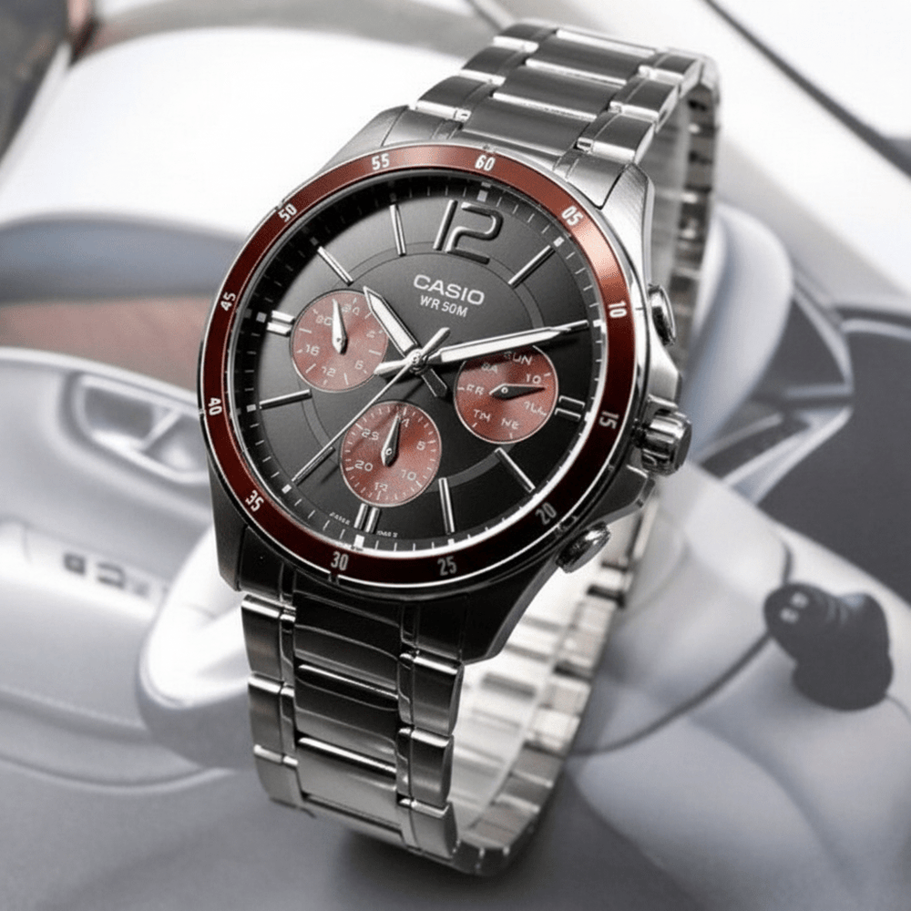 RELOJ CASIO MTP - 1374D - 5AV | Acero Hombre Plateado Dial Rojo elegante Caracteristicas_Analogico en Perú
