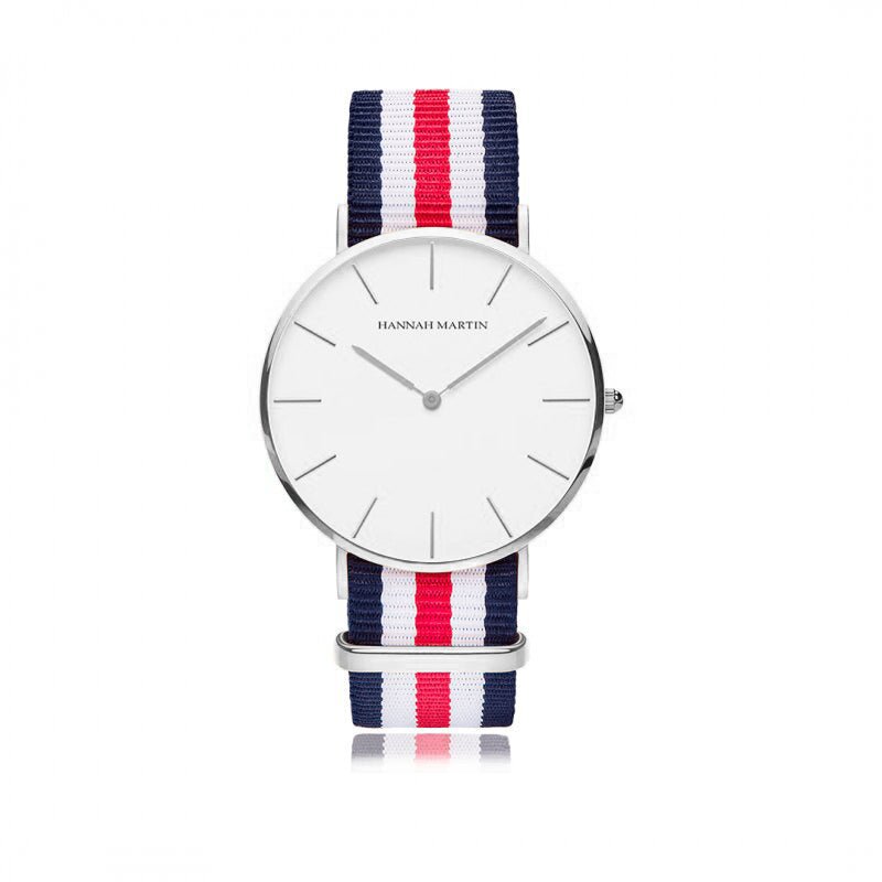 Reloj Hannah Martin plata con esfera blanca y correa NATO francesa para hombre 40mm