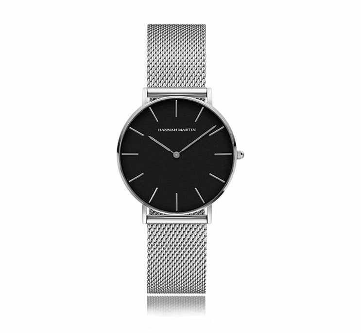 Reloj Hannah Martin Plata Esfera Negra con Correa Mesh Plateada - Diseño Minimalista 36mm elegante para mujer en Perú
