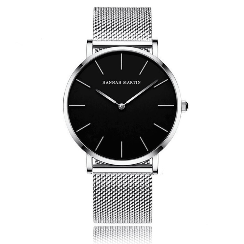 Reloj Hannah Martin plata con esfera negra y correa mesh plateada para hombre 40mm