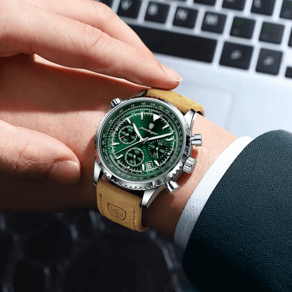 Reloj Poedagar Plata Esfera Verde Cronógrafo con Correa Cuero - Diseño Aviador 40mm elegante en Perú