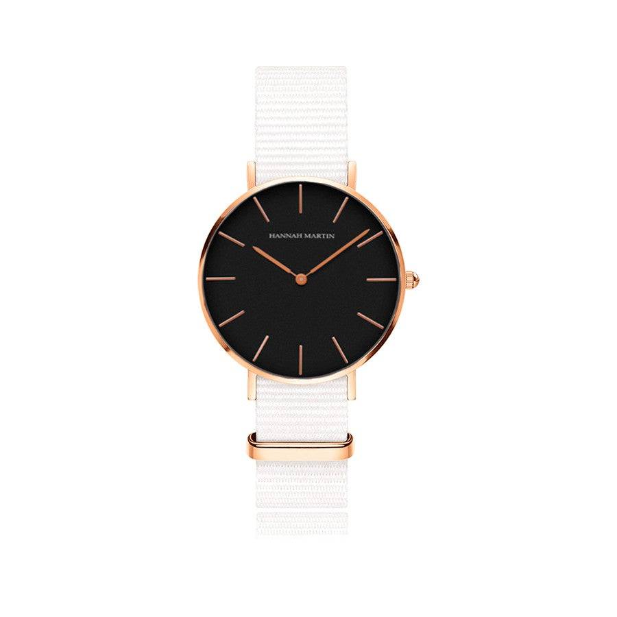 Reloj Hannah Martin Oro Rosa Esfera Negra con Correa NATO Blanca - Diseño Contraste 36mm elegante oro rosa en Perú