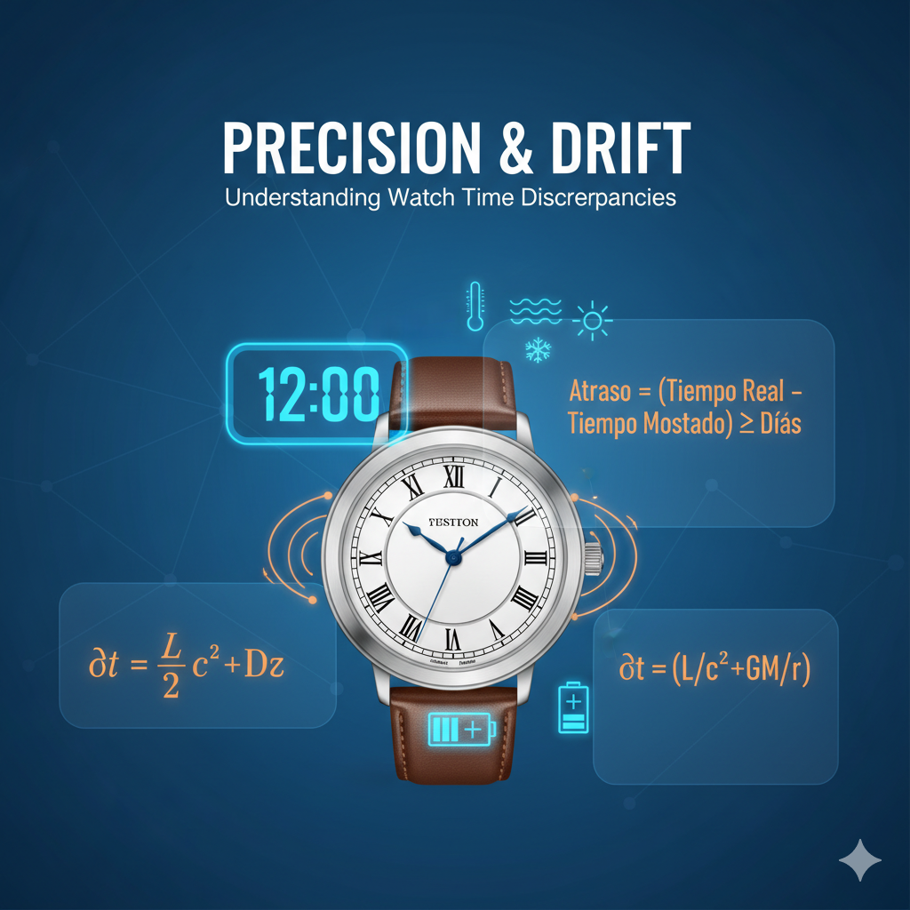 Reloj analógico mostrando atraso de tiempo con fórmulas matemáticas para calcular la diferencia horaria, causas del atraso de relojes y soluciones