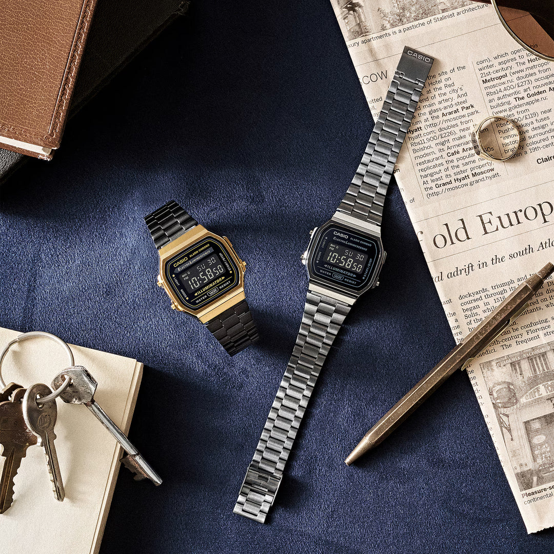 Reloj Casio Original A168WEGB-1B Negro con Detalles Dorados – Diseño Retro y Multifunción