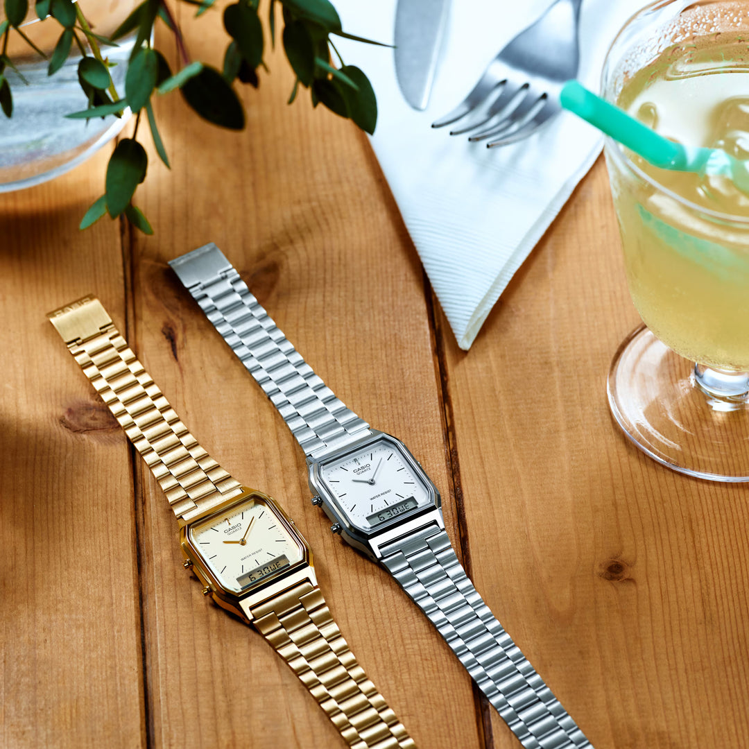 Reloj Casio AQ-230GA-9DMQ Original Retro - Dual Display Analógico Digital Dorado