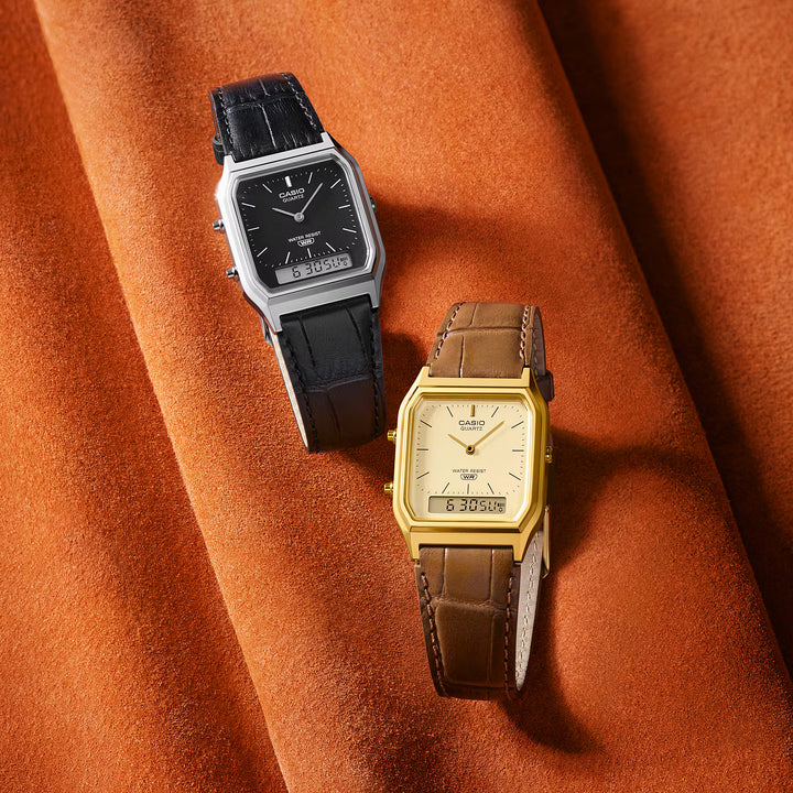 Reloj Casio AQ-230EGL-9A Original Cuero - Dual Display Analógico Digital Dorado