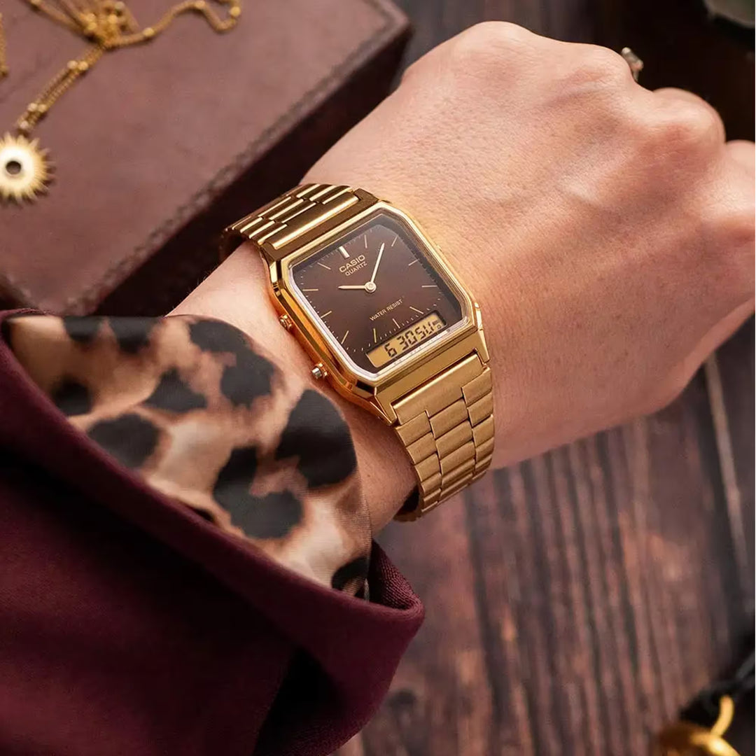 Reloj Casio AQ-230GA-5AMQY Original Retro - Dual Display Analógico Digital Dorado