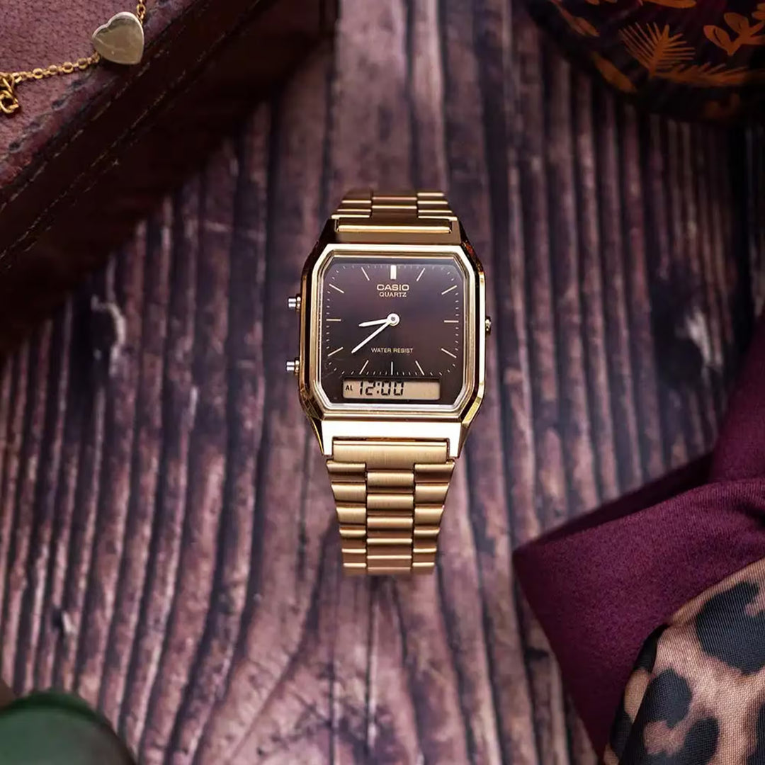 Reloj Casio AQ-230GA-5AMQY Original Retro - Dual Display Analógico Digital Dorado