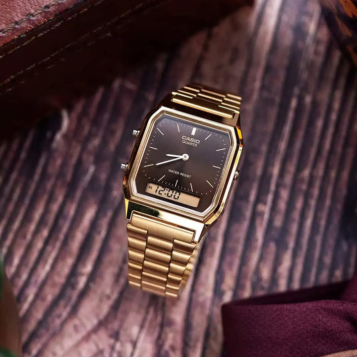 Reloj Casio AQ-230GA-5AMQY Original Retro - Dual Display Analógico Digital Dorado