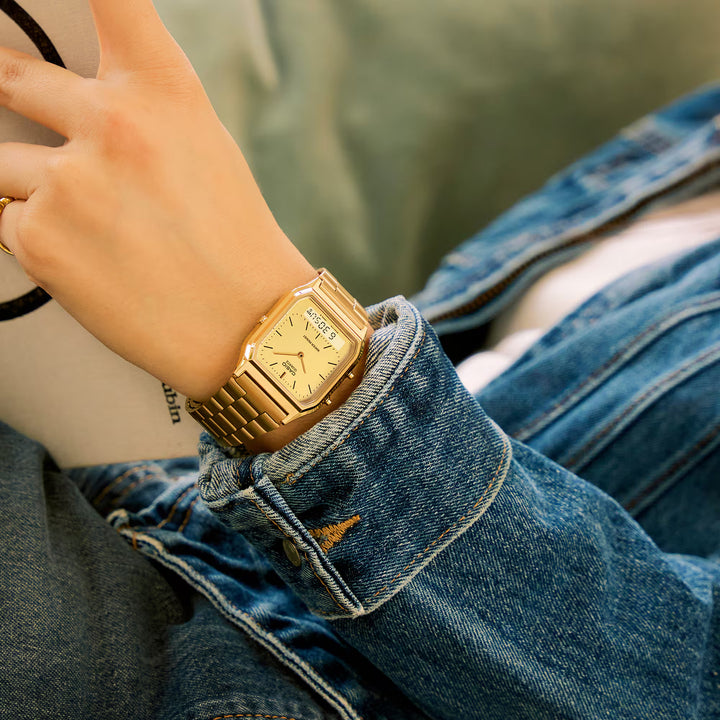 Reloj Casio AQ-230GA-9DMQ Original Retro - Dual Display Analógico Digital Dorado