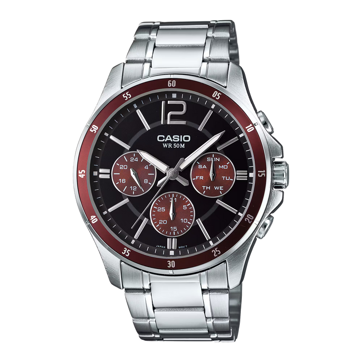 RELOJ CASIO ORIGINAL MTP-1374D-5AV | Acero Hombre Plateado Dial Rojo