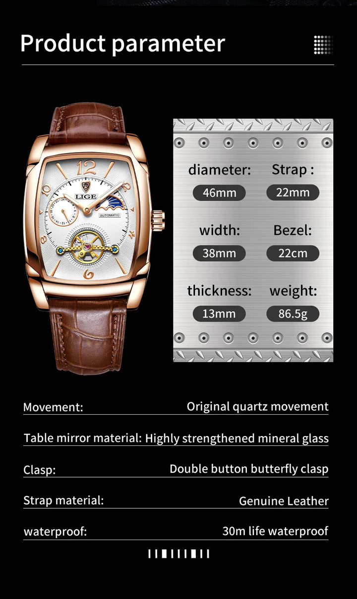 Lige Automatic Moon Phase Tourbillon Luxury Timepiece - JHERR JEWELRY