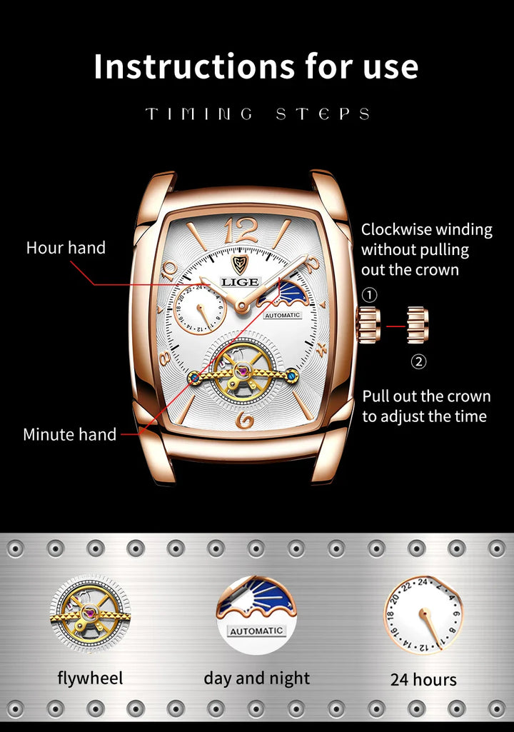 Lige Automatic Moon Phase Tourbillon Luxury Timepiece - JHERR JEWELRY