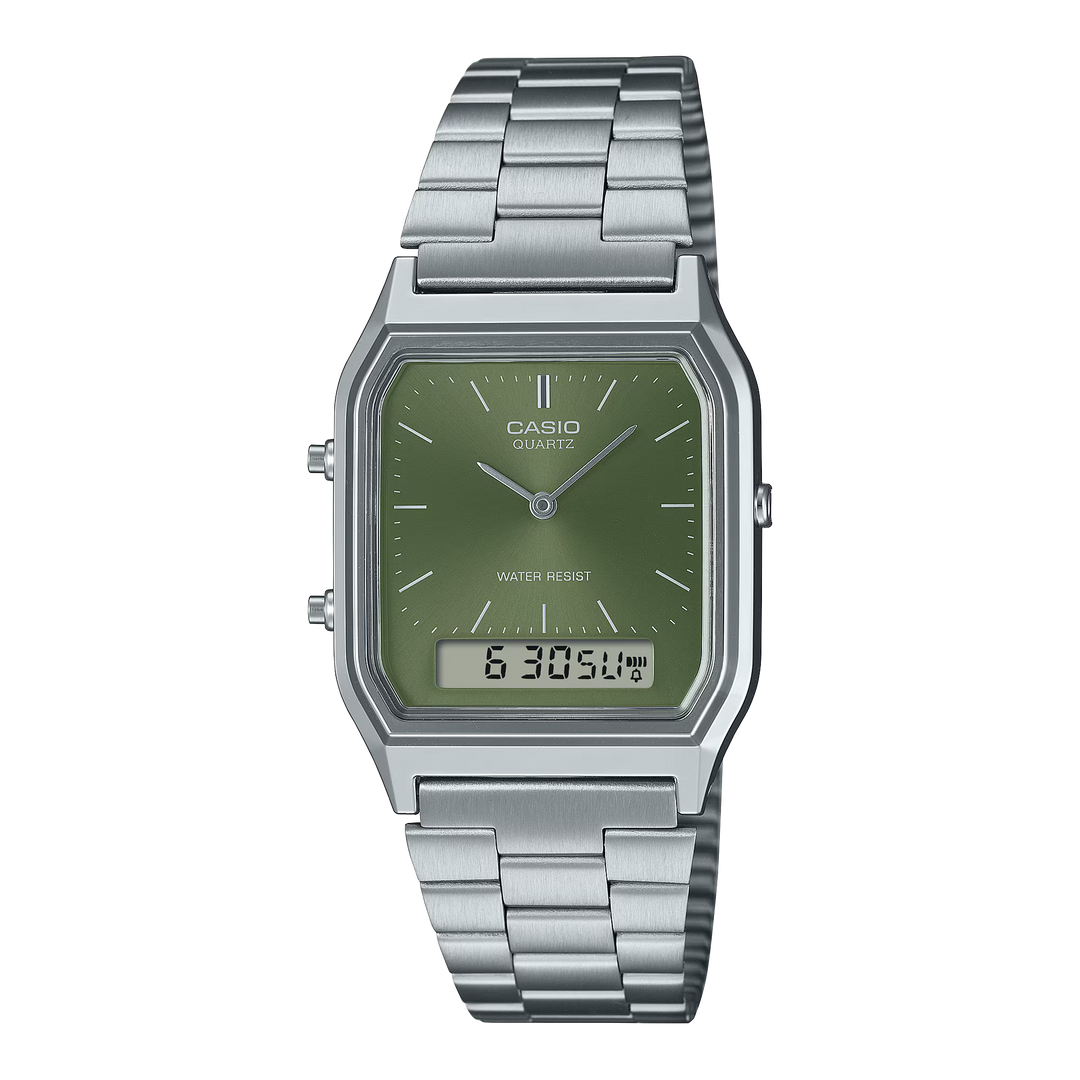 Casio Vintage AQ-230A-3A — Reloj Analógico-Digital con Esfera Verde Olivo y Pulsera de Acero - Casio en Perú | Jherr Jewelry