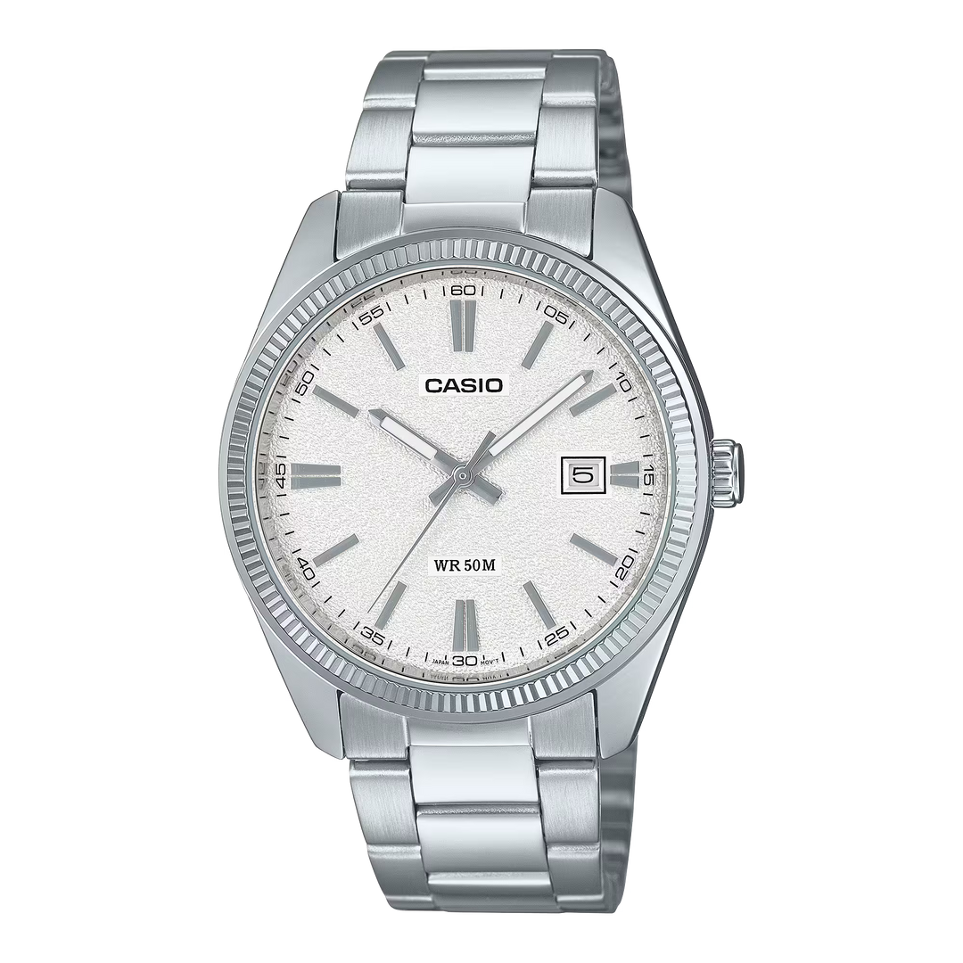 Reloj Casio MTP-1302PE-7AV Original | Acero Inoxidable Esfera Blanca Texturizado Hombre Plateado - Casio en Perú | Jherr Jewelry