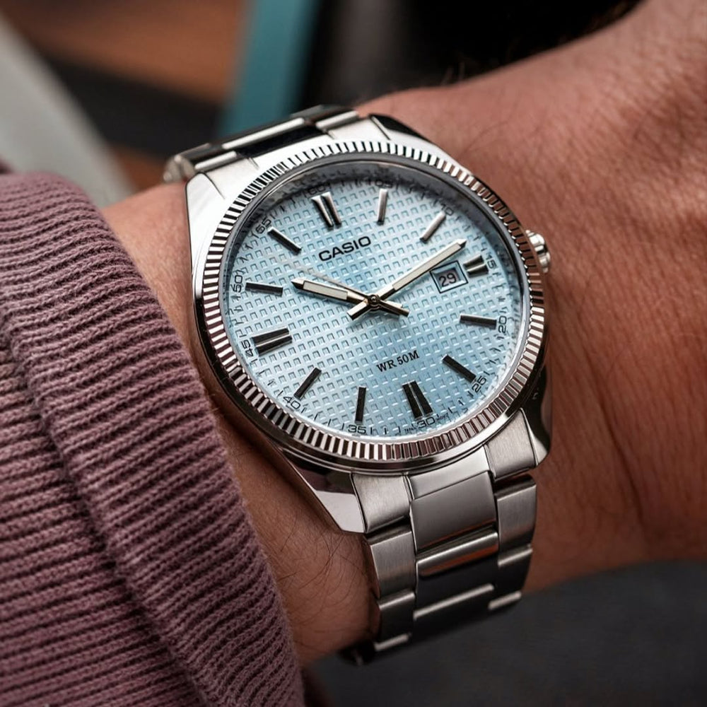 Reloj Casio MTP-1302PE-2AV Original | Acero Inoxidable Esfera Azul Turquesa Texturizado Hombre - Casio en Perú | Jherr Jewelry