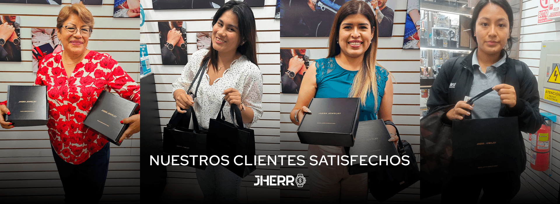 Clientes satisfechos recibiendo su reloj de lujo en Jherr Jewelry Perú - joyería premium Lima