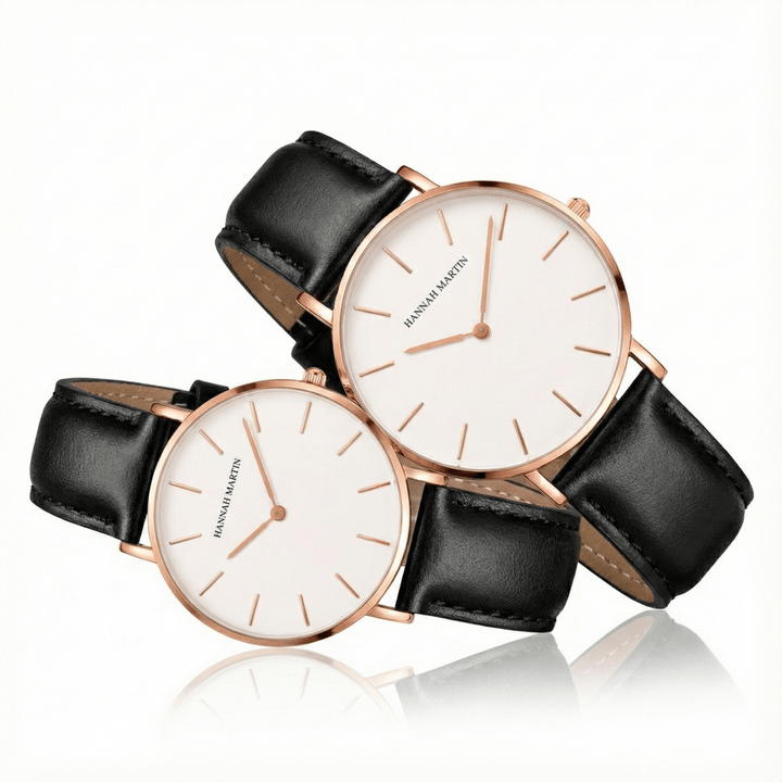 Relojes de Pareja Hannah Martin Plata Esfera Blanca con Cuero Azul - Set Coordinado 40mm/36mm - Hannah Martin en Perú | Jherr Jewelry