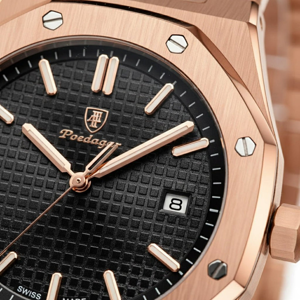 Reloj Poedagar Rose Gold Octagonal con Esfera Negra Tapisserie y Brazalete Integrado 40mm - Poedagar en Perú | Jherr Jewelry