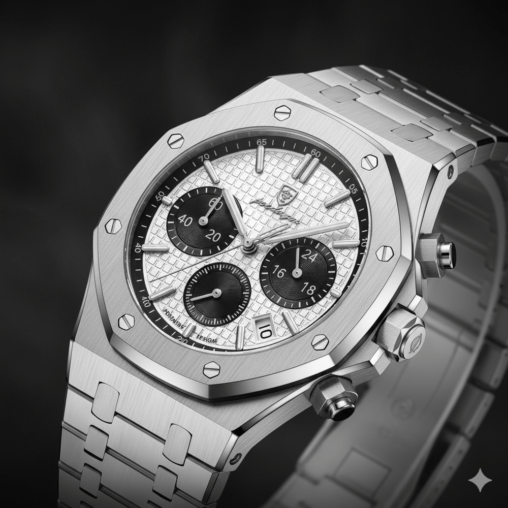 Reloj Cronógrafo Poedagar Octagonal con Esfera Panda y Brazalete de Acero Integrado 40mm - Poedagar en Perú | Jherr Jewelry