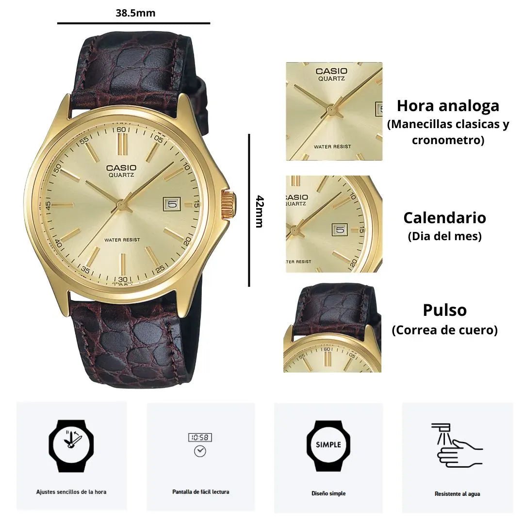 Reloj Casio MTP - 1183Q - 9A Dorado Elegante - Esfera Champagne con Correa de Cuero Genuino elegante en Perú