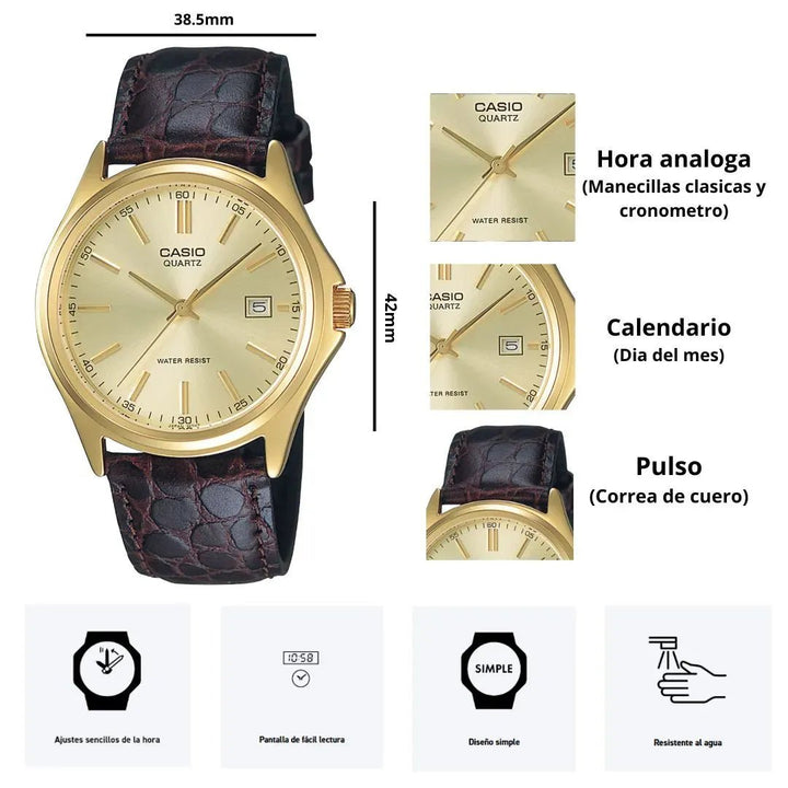 Reloj Casio MTP - 1183Q - 9A Dorado Elegante - Esfera Champagne con Correa de Cuero Genuino elegante en Perú