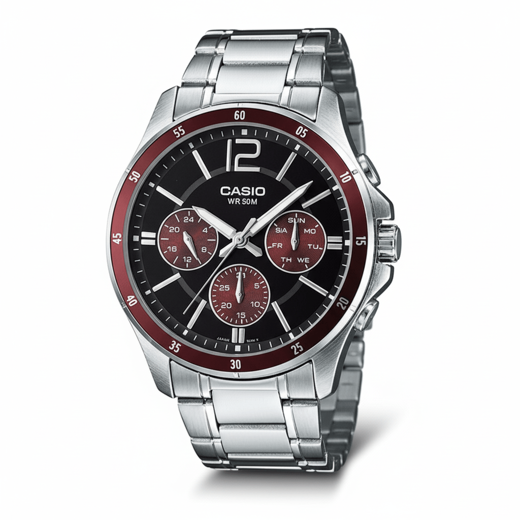 RELOJ CASIO MTP - 1374D - 5AV | Acero Hombre Plateado Dial Rojo elegante Caracteristicas_Analogico en Perú