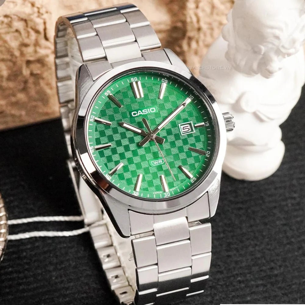 RELOJ CASIO ORIGINAL MTP - VD03D - 3A1 | Acero Hombre Plateado Verde elegante Caracteristicas_Analogico en Perú