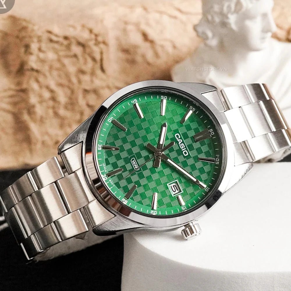RELOJ CASIO ORIGINAL MTP - VD03D - 3A1 | Acero Hombre Plateado Verde elegante Caracteristicas_Analogico en Perú