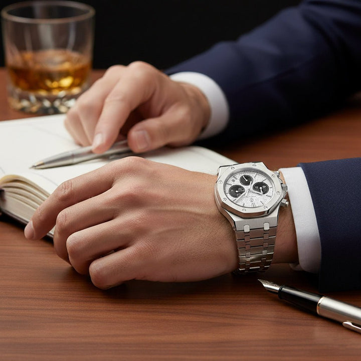 Reloj Cronógrafo Poedagar Octagonal con Esfera Panda y Brazalete de Acero Integrado 40mm elegante en Perú