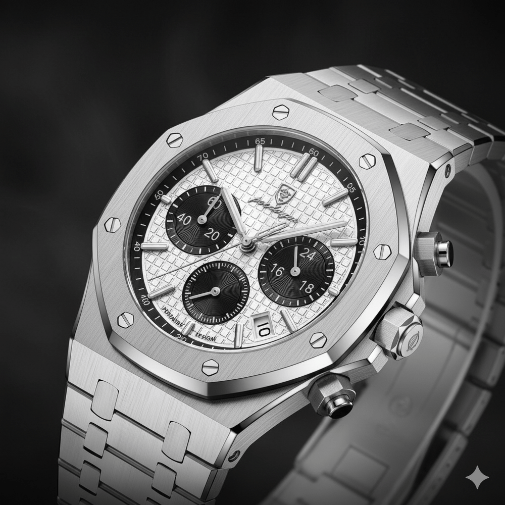 Reloj Cronógrafo Poedagar Octagonal con Esfera Panda y Brazalete de Acero Integrado 40mm elegante en Perú