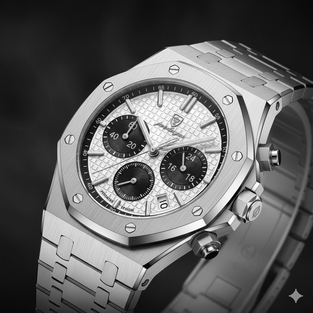 Reloj Cronógrafo Poedagar Octagonal con Esfera Panda y Brazalete de Acero Integrado 40mm elegante en Perú