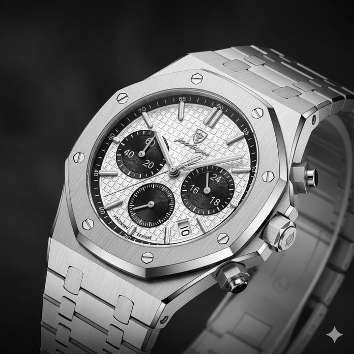 Reloj Cronógrafo Poedagar Octagonal con Esfera Panda y Brazalete de Acero Integrado 40mm elegante en Perú