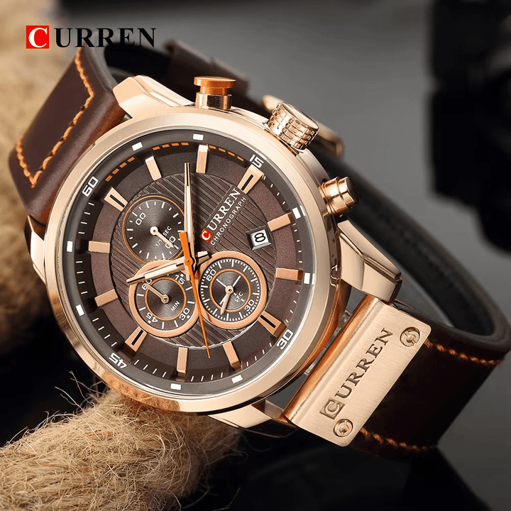 Reloj Curren 8291 Oro Rosa Cronógrafo con Correa Cuero Marrón - Diseño Deportivo 44mm elegante para hombre en Perú