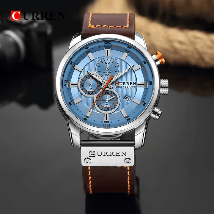 Reloj Curren 8291 Oro Rosa Cronógrafo con Correa Cuero Marrón - Diseño Deportivo 44mm elegante para hombre en Perú