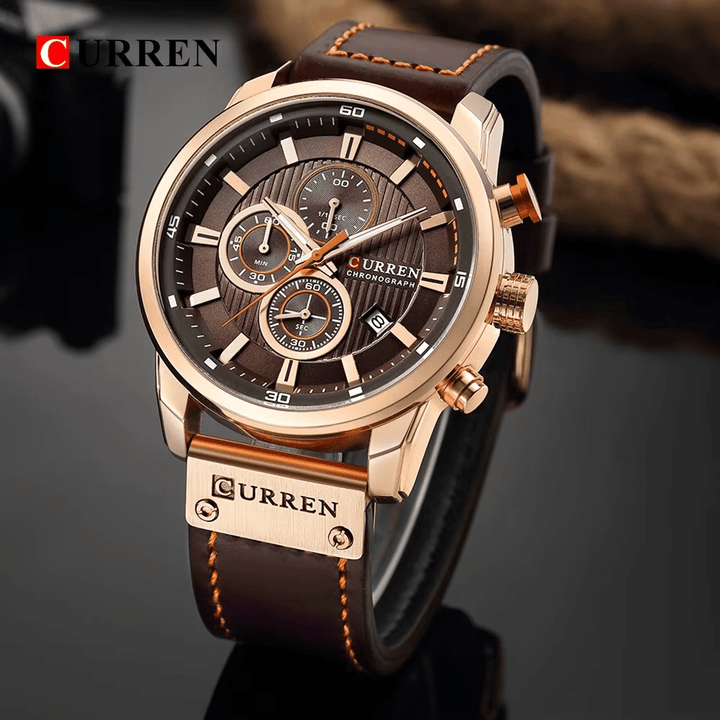 Reloj Curren 8291 Oro Rosa Cronógrafo con Correa Cuero Marrón - Diseño Deportivo 44mm elegante para hombre en Perú