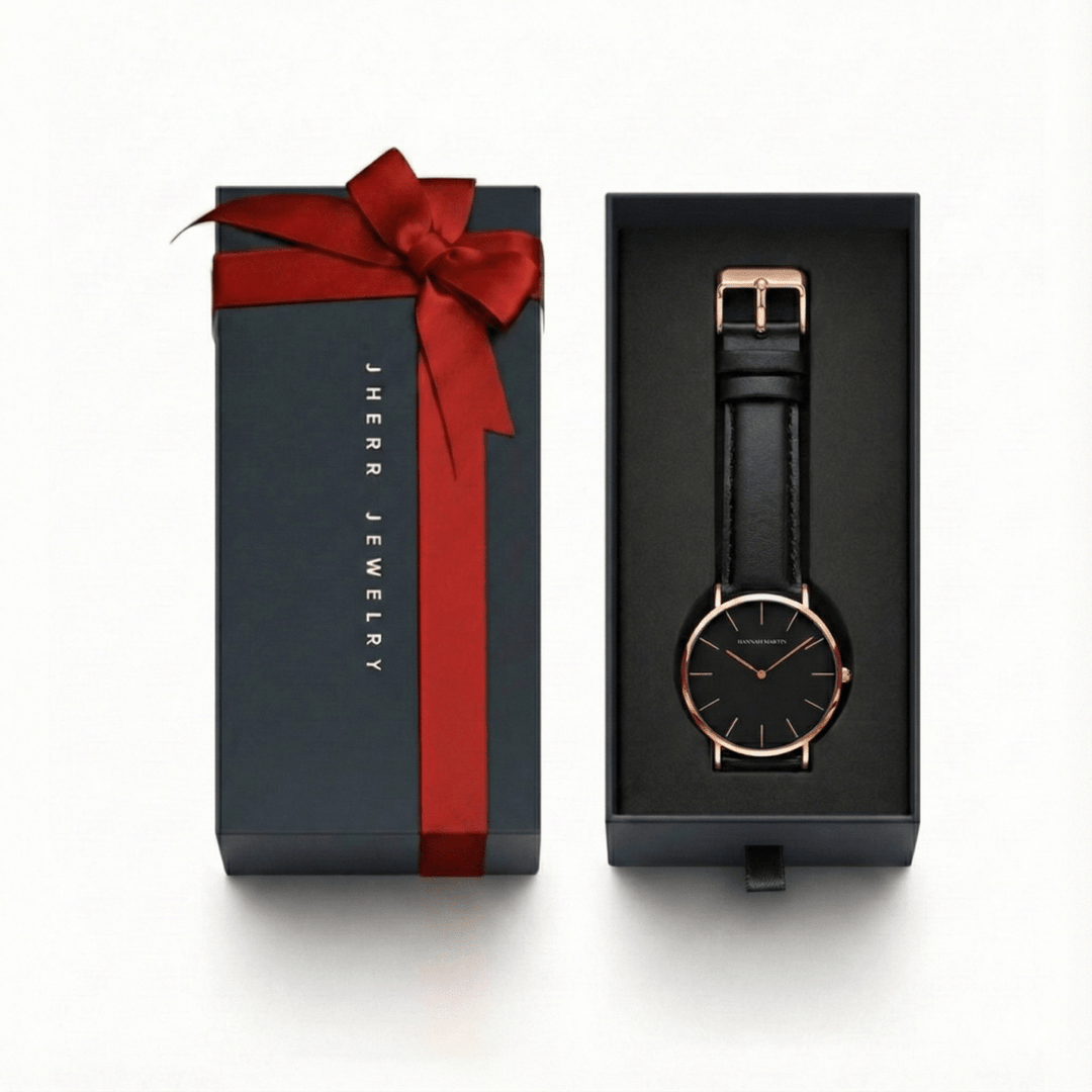 Reloj Hannah Martin CB01 Rose Gold Esfera Negra con Cuero Negro - Diseño Clásico Ejecutivo 40mm elegante para hombre en Perú