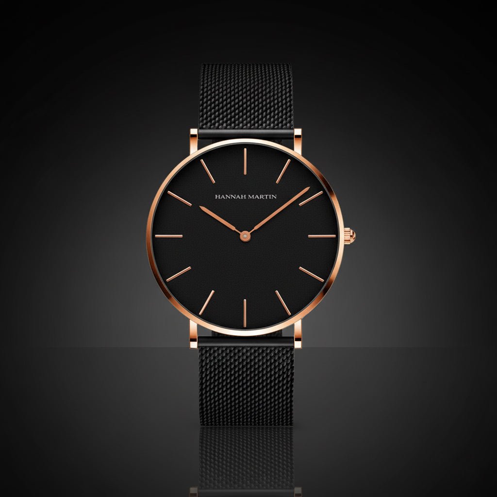 Reloj Hannah Martin Oro Rosa Esfera Negra con Correa Mesh Negra - Diseño Elegante 40mm elegante para hombre en Perú