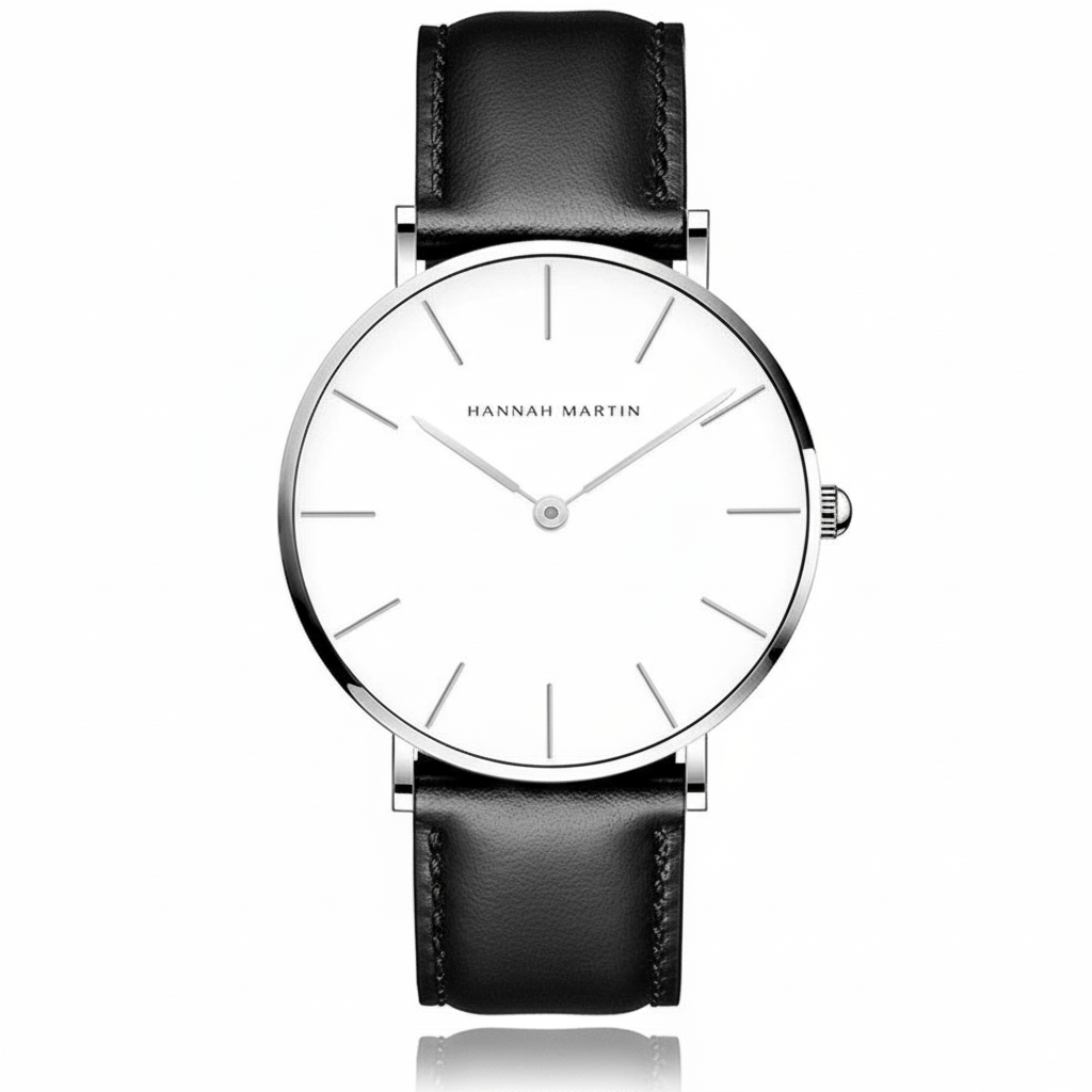 Reloj Hannah Martin Plata Esfera Blanca con Correa Cuero Negro - Diseño Minimalista 40mm elegante para hombre en Perú