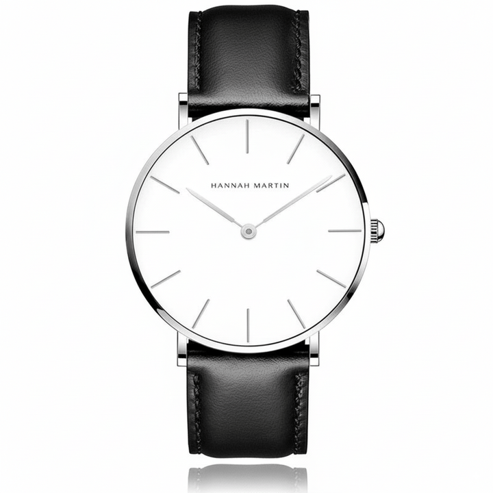 Reloj Hannah Martin Plata Esfera Blanca con Correa Cuero Negro - Diseño Minimalista 40mm elegante para hombre en Perú