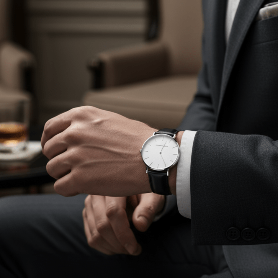 Reloj Hannah Martin Plata Esfera Blanca con Correa Cuero Negro - Diseño Minimalista 40mm elegante para hombre en Perú