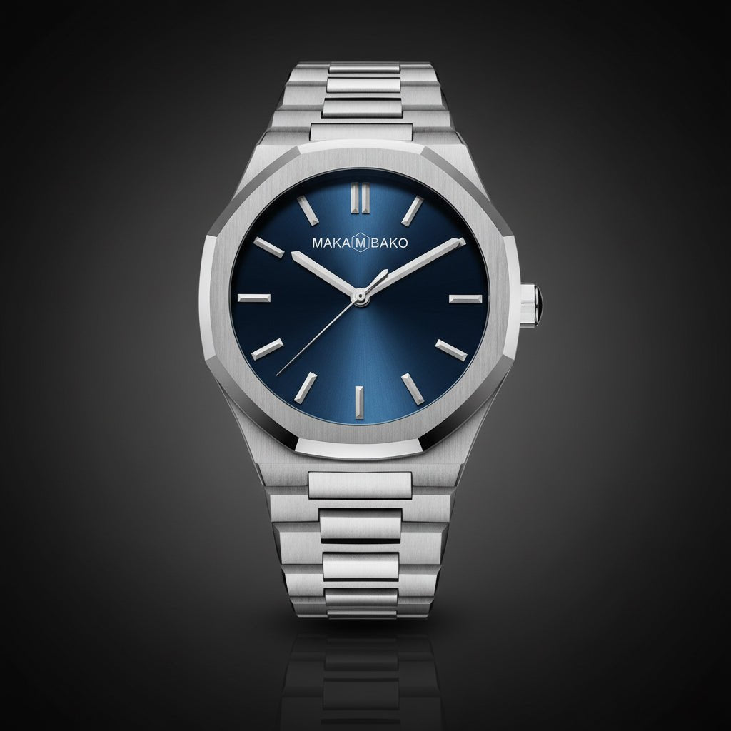Reloj Makambako Plata Esfera Azul con Brazalete de Acero - Diseño Elegante 40mm elegante masvendido en Perú