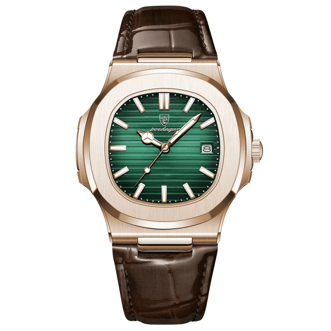 Reloj Poedagar Esfera Verde Hombre - Oro Rosa con Correa de Cuero Marrón 40mm elegante en Perú