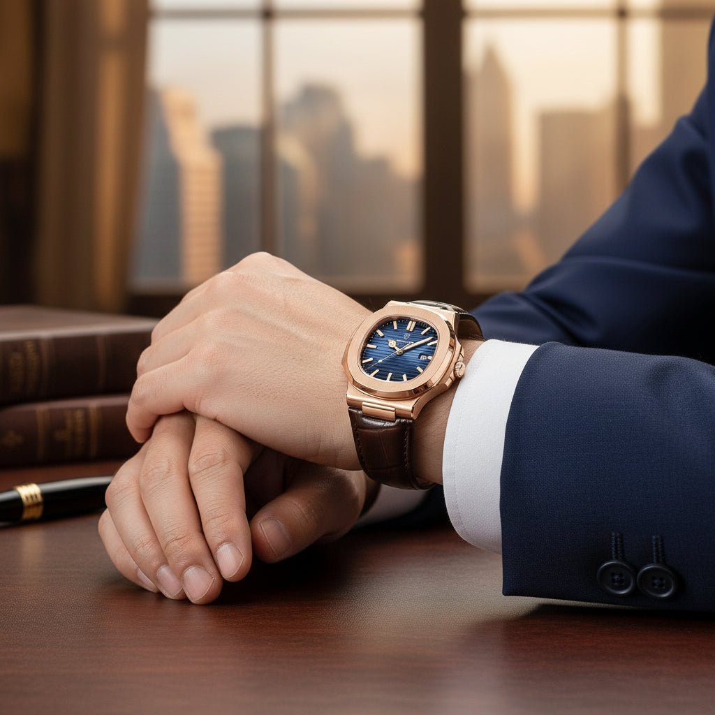 Reloj Poedagar Nautilus Rose Gold con Esfera Azul y Correa de Cuero Genuino Marrón 40mm elegante en Perú