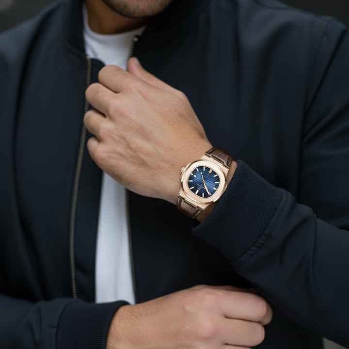 Reloj Poedagar Nautilus Rose Gold con Esfera Azul y Correa de Cuero Genuino Marrón 40mm elegante en Perú