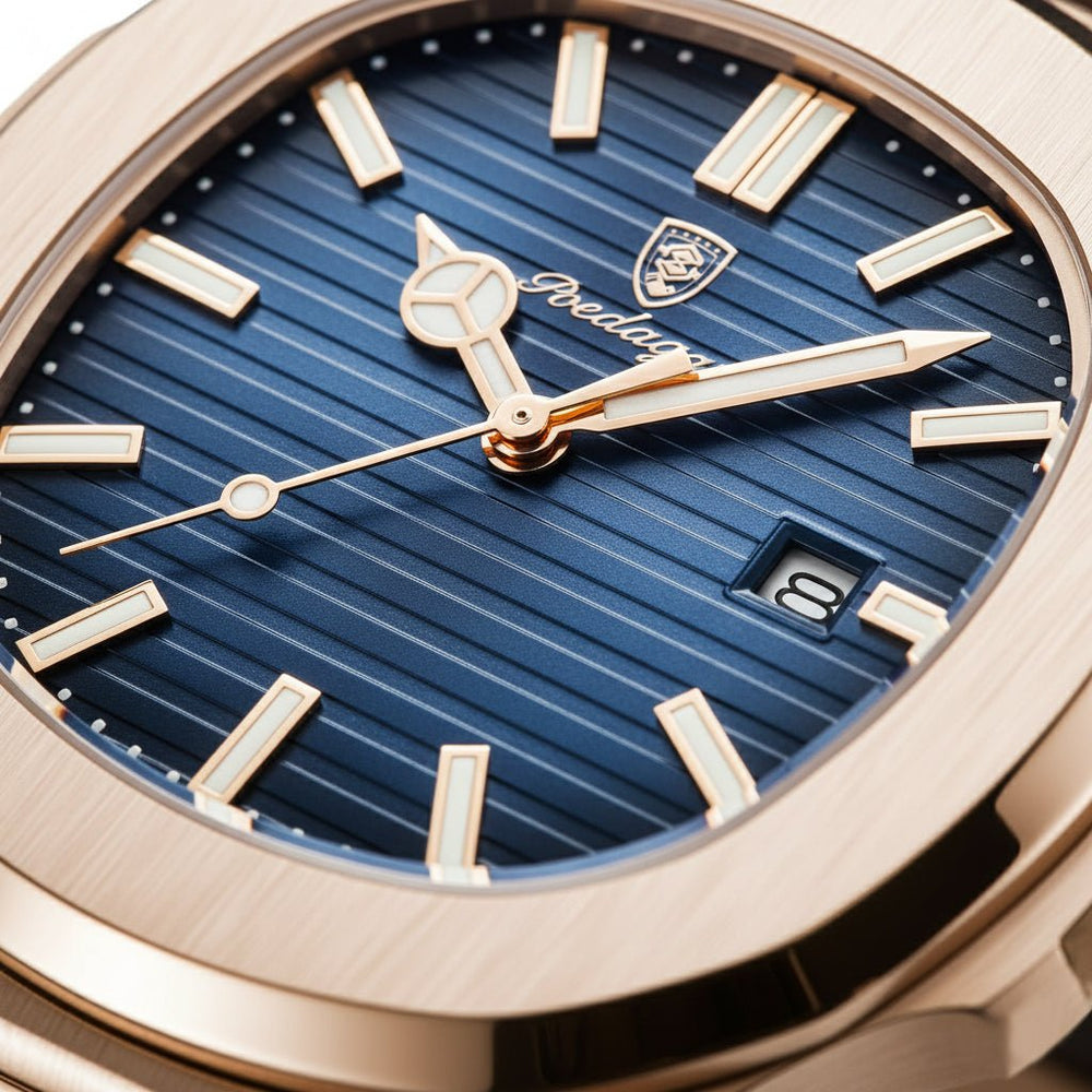 Reloj Poedagar Nautilus Rose Gold con Esfera Azul y Correa de Cuero Genuino Marrón 40mm elegante en Perú